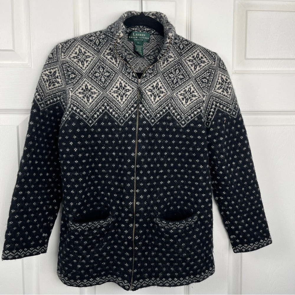 RALPH LAUREN Petite Womens Small 100% Lambs Wool Full Zip Sweater Snowflake